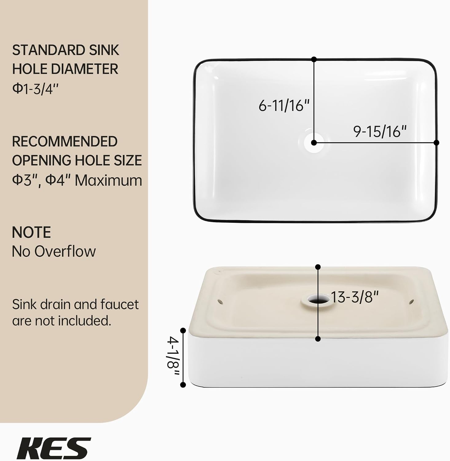 KES 20 Inch Bathroom Vessel Sink with Black Trim Above Counter Rectangular White Ceramic Countertop Sink for Cabinet Lavatory Vanity, BVS123S50-W/B