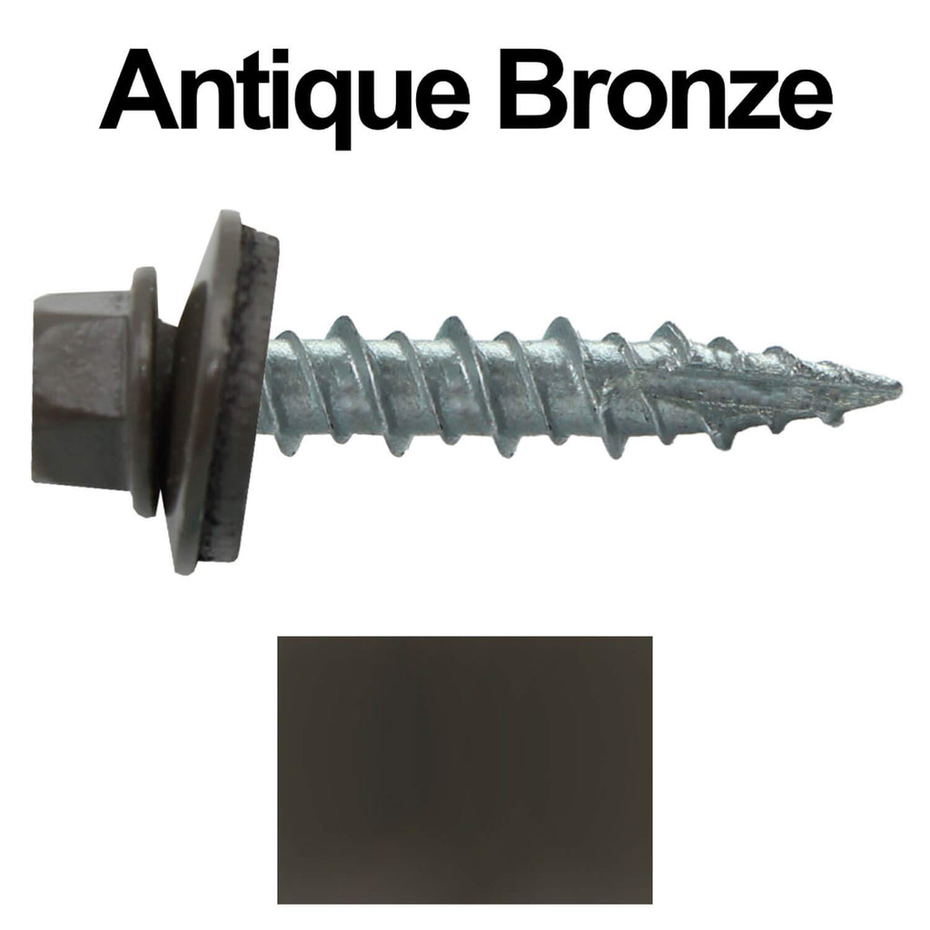 10 x 1 Antique Bronze Metal Roofing Screws - Hex Washer Head- Self-Starting/Tapping - EPDM Washer. 4 X 250 Bags - 1,000 Screws