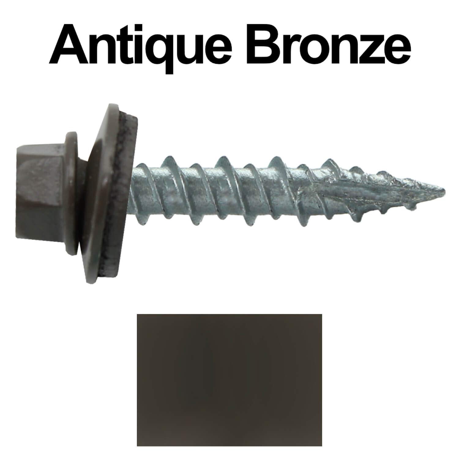 10 x 1 Antique Bronze Metal Roofing Screws - Hex Washer Head- Self-Starting/Tapping - EPDM Washer. 4 X 250 Bags - 1,000 Screws