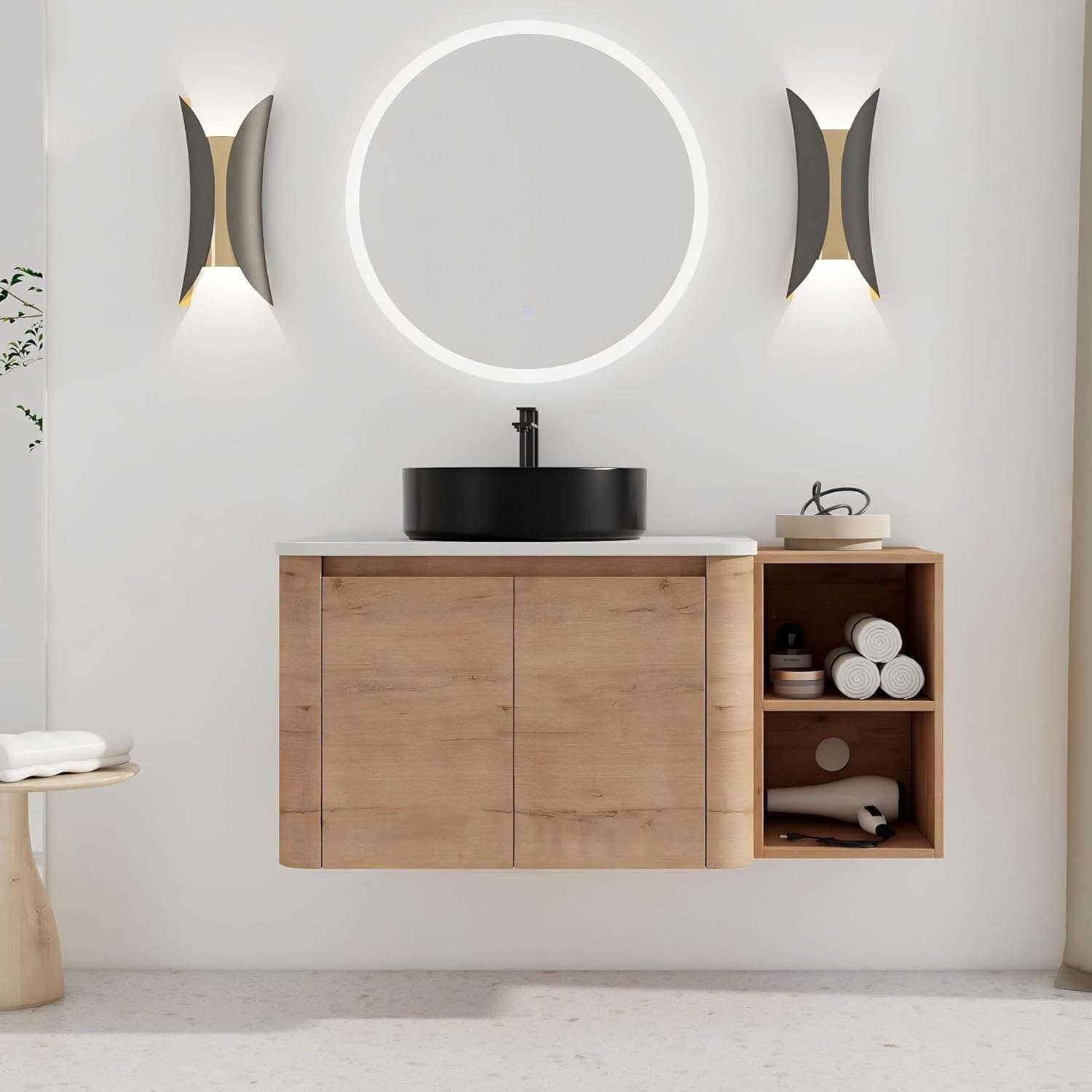 42 Inch Wall-Mounted Bathroom Vanity with Sink Combo Modern Floating Bathroom Vanitites with Round Ceramic Vessel Sink 42' Bathroom Sink Cabinet with Marble Counter Top & 1 Side Storage Shelf