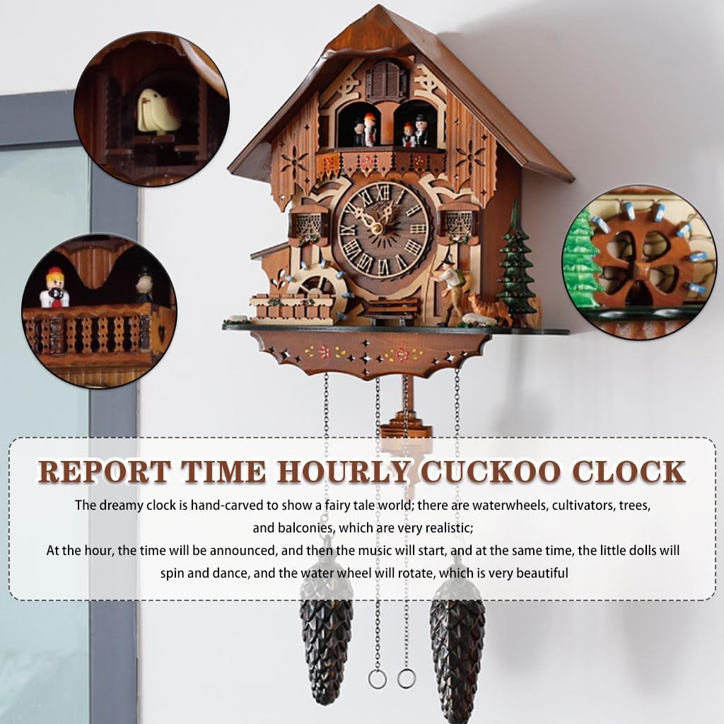 Cuckoo Clocks Wall Clocks Farmhouse European Hand-Carved Cuckoo Clock, Living Room Wall Decoration, Wall Clocks Battery Operated, Report Punctually, 3D Realistic Scenes, Roman numerals, Brown