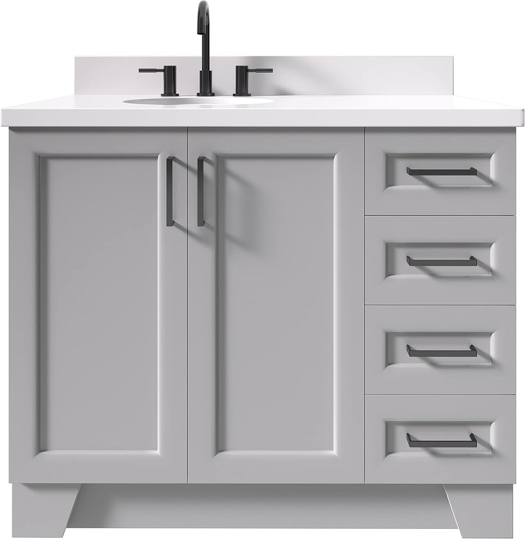 ARIEL Taylor 42-inch Bathroom Vanity with Sink,Solid Wood, 1.5-inch Pure White Quartz Countertop & Backsplash, Single Oval Porcelain Sink, 2 Soft Closing Doors, 5 Dovetail Drawers, Grey
