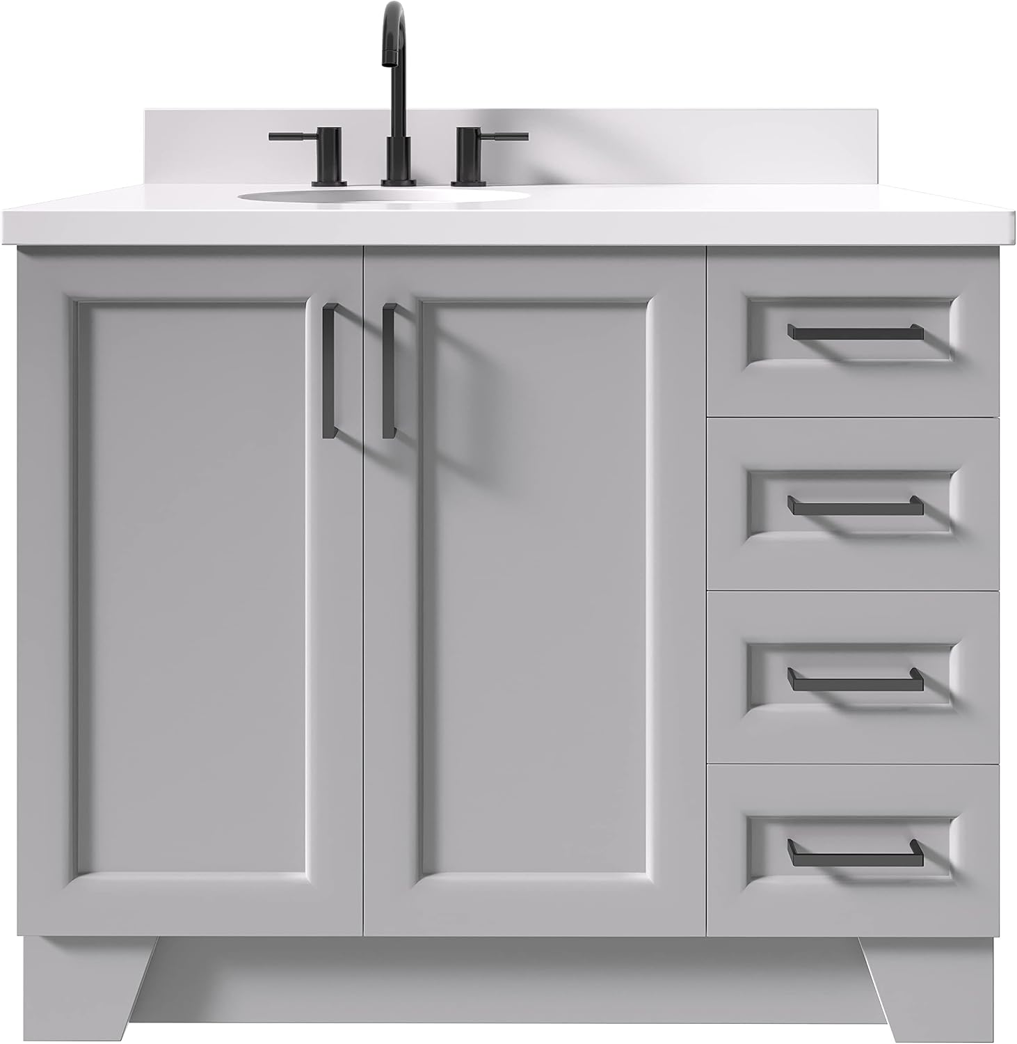 ARIEL Taylor 42-inch Bathroom Vanity with Sink,Solid Wood, 1.5-inch Pure White Quartz Countertop & Backsplash, Single Oval Porcelain Sink, 2 Soft Closing Doors, 5 Dovetail Drawers, Grey