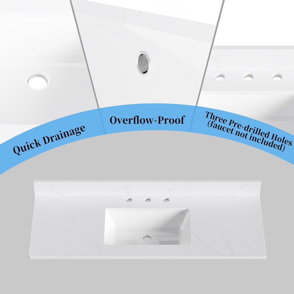 48 in. W x 18.5 in. D Bathroom Engineered Stone Vanity Top with Undermount Rectangular Ceramic Sink, 3 Pre-Drilled Faucet Holes & 4'' Backsplash, White (Faucet Not Included)