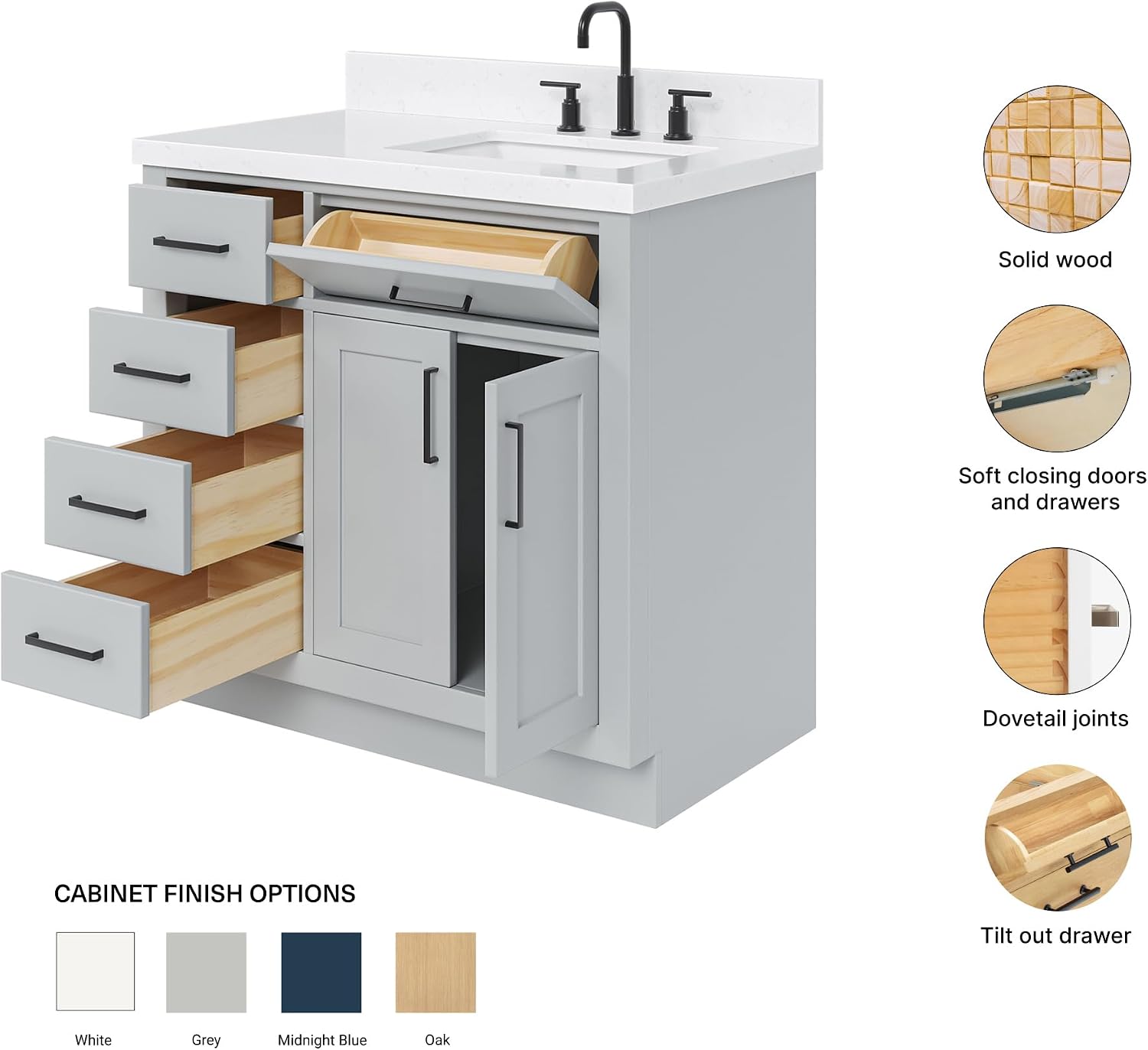 ARIEL Hepburn 36-inch Bathroom Vanity with Sink,Solid Wood, 1.5-inch Carrara White Quartz Countertop & Backsplash, Single Rectangular Porcelain Sink, 2 Soft Closing Doors, 5 Dovetail Drawers, Grey