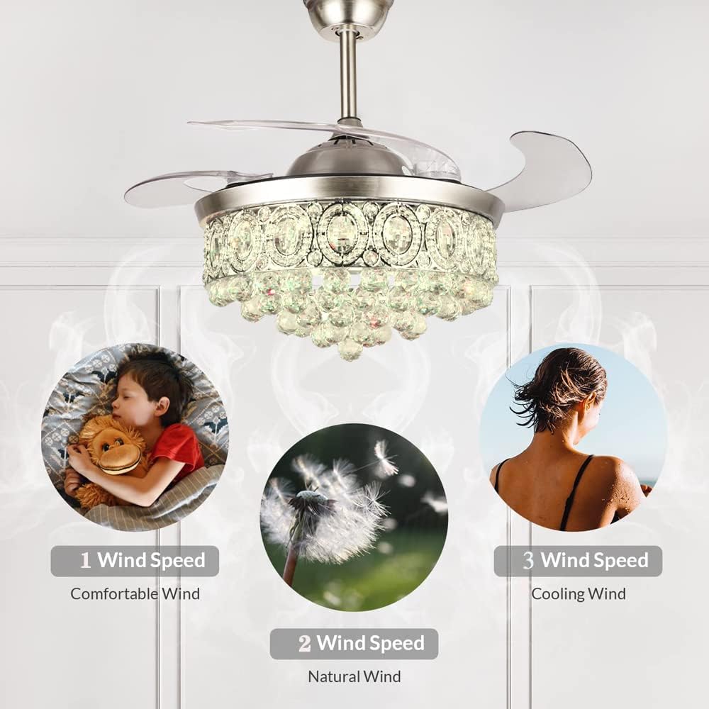 BIGBANBAN 42' Crystal Ceiling Fan Indoor with Light Remote Control Modern Silver Retractable Ceiling Fan Chandelier 3 Colors 3 Speeds Silent Fandelier Chandelier for Dinning Room Bedroom