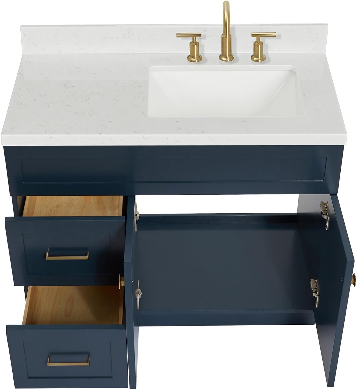 DKB Bradford 42-Inch Midnight Blue Single Bathroom Vanity with Right Rectangular Sink, 1.5' Carrara Quartz Countertop, Solid Wood Frame, Soft Closing Doors & Drawers, Toe Kick, Brushed Nickel