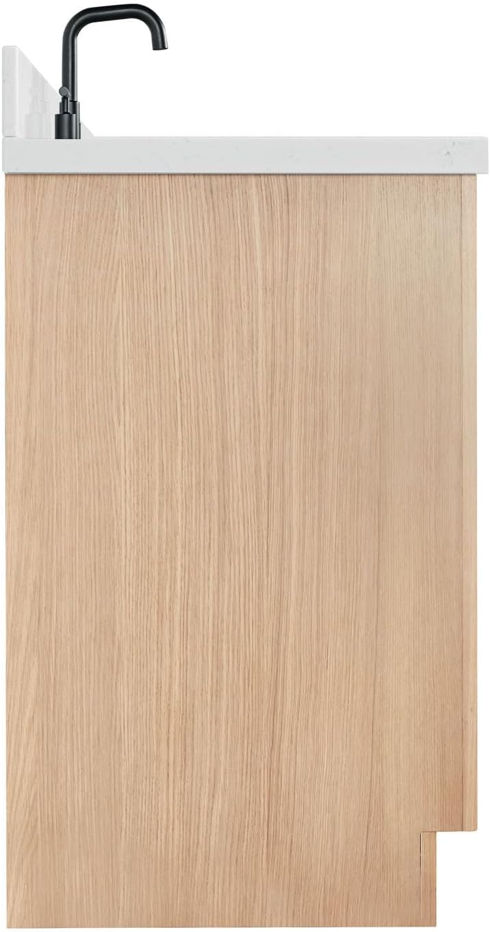 ARIEL Hepburn 36-inch Bathroom Vanity with Sink,Solid Wood, 1.5-inch Carrara White Quartz Countertop, Single Rectangular Porcelain Sink, 2 Soft Closing Doors, 5 Dovetail Drawers, White Oak