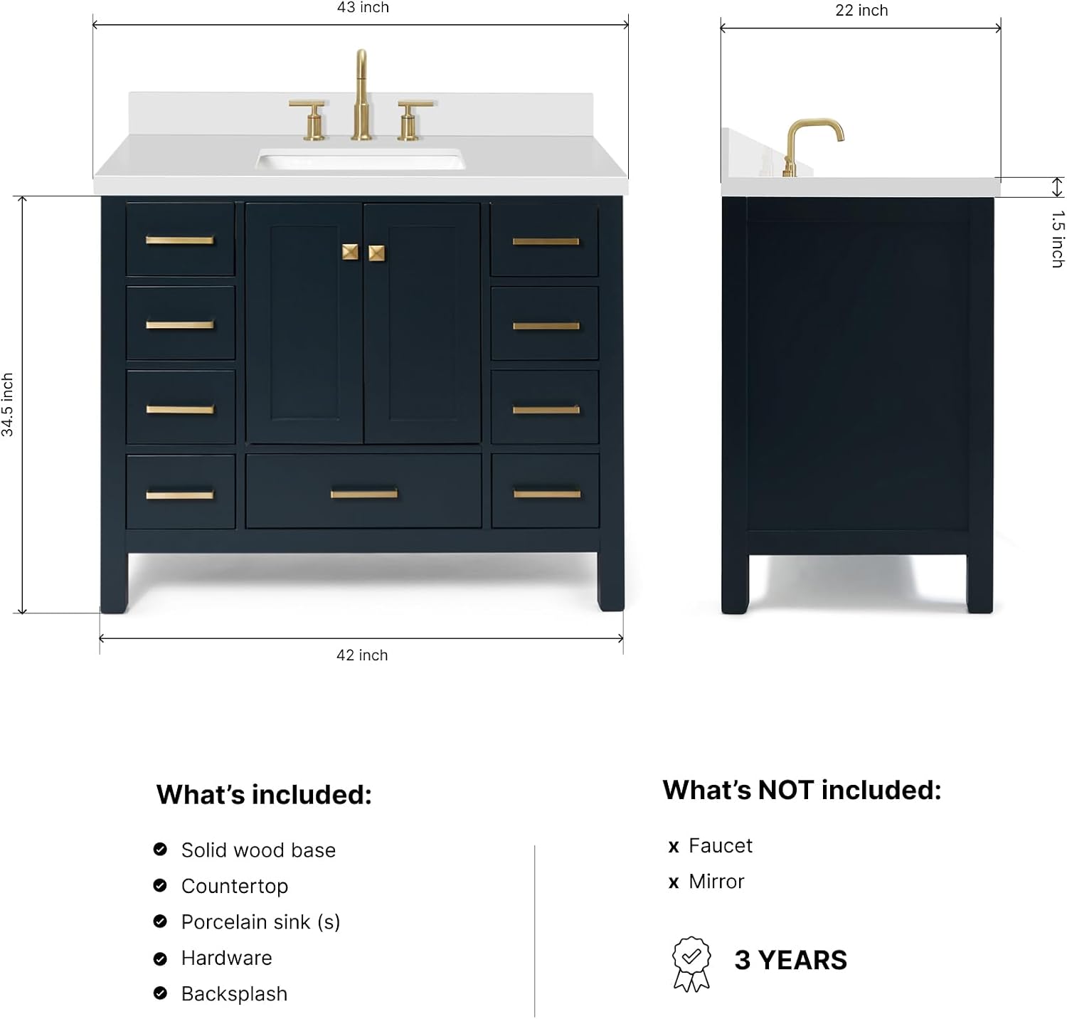 ARIEL Cambridge 42-inch Bathroom Vanity with Sink,Solid Wood, 1.5-inch Pure White Quartz Countertop, Single Rectangular Porcelain Sink, 2 Soft Closing Doors, 9 Dovetail Drawers, Midnight Blue