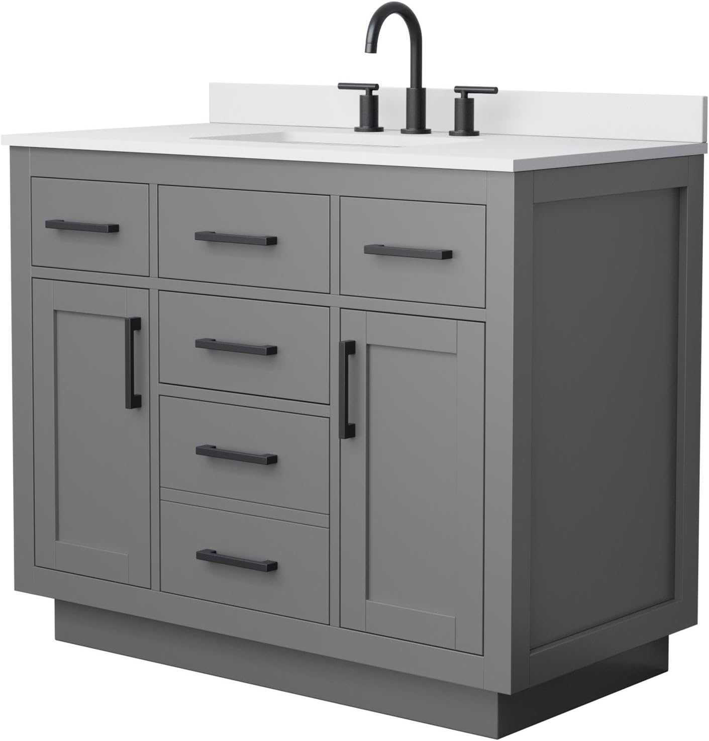 Wyndham Collection Beckett 42 Inch Single Bathroom Vanity with Toe Kick in Dark Gray, White Cultured Marble Countertop, Undermount Square Sink (3-Hole), Matte Black Trim