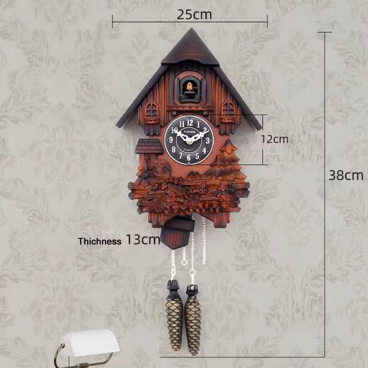Cuckoo Clock with Night Mode, Hand Carved Decorations and Swinging Pendulum