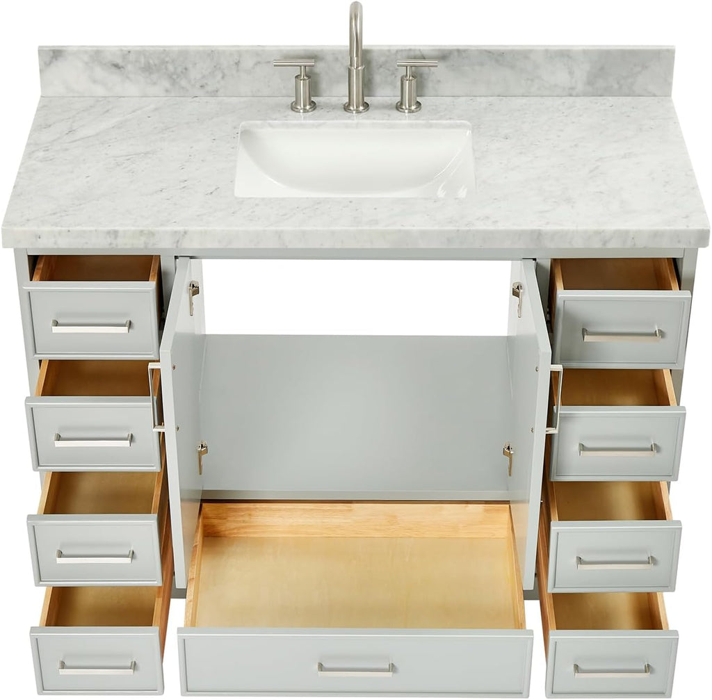 ARIEL Stafford 48-inch Bathroom Vanity with Sink,Solid Wood, 1.5-inch Italian Carrara Marble Countertop, Single Rectangular Porcelain Sink, 2 Soft Closing Doors, 9 Dovetail Drawers, Grey