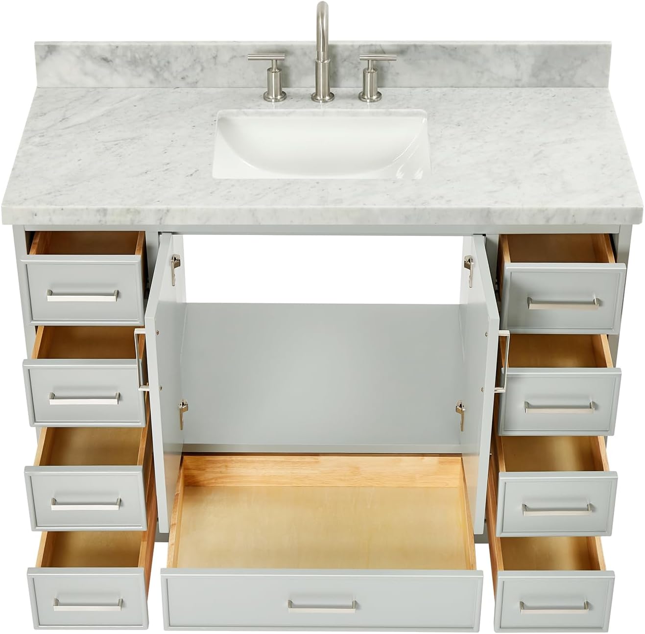 ARIEL Stafford 48-inch Bathroom Vanity with Sink,Solid Wood, 1.5-inch Italian Carrara Marble Countertop, Single Rectangular Porcelain Sink, 2 Soft Closing Doors, 9 Dovetail Drawers, Grey