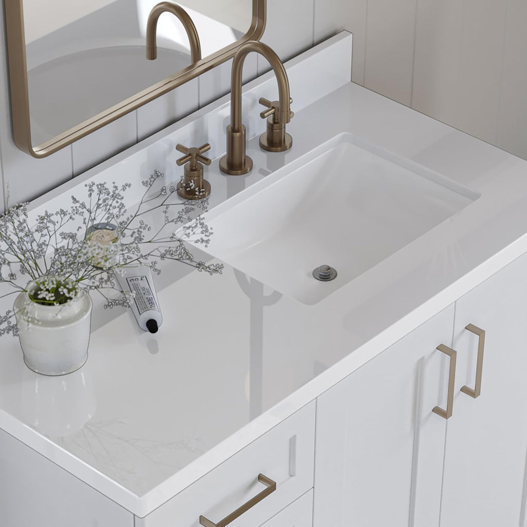 ARIEL Taylor 42-inch Bathroom Vanity with Sink,Solid Wood, 1.5-inch Pure White Quartz Countertop & Backsplash, Single Rectangular Porcelain Sink, 2 Soft Closing Doors, 5 Dovetail Drawers, White