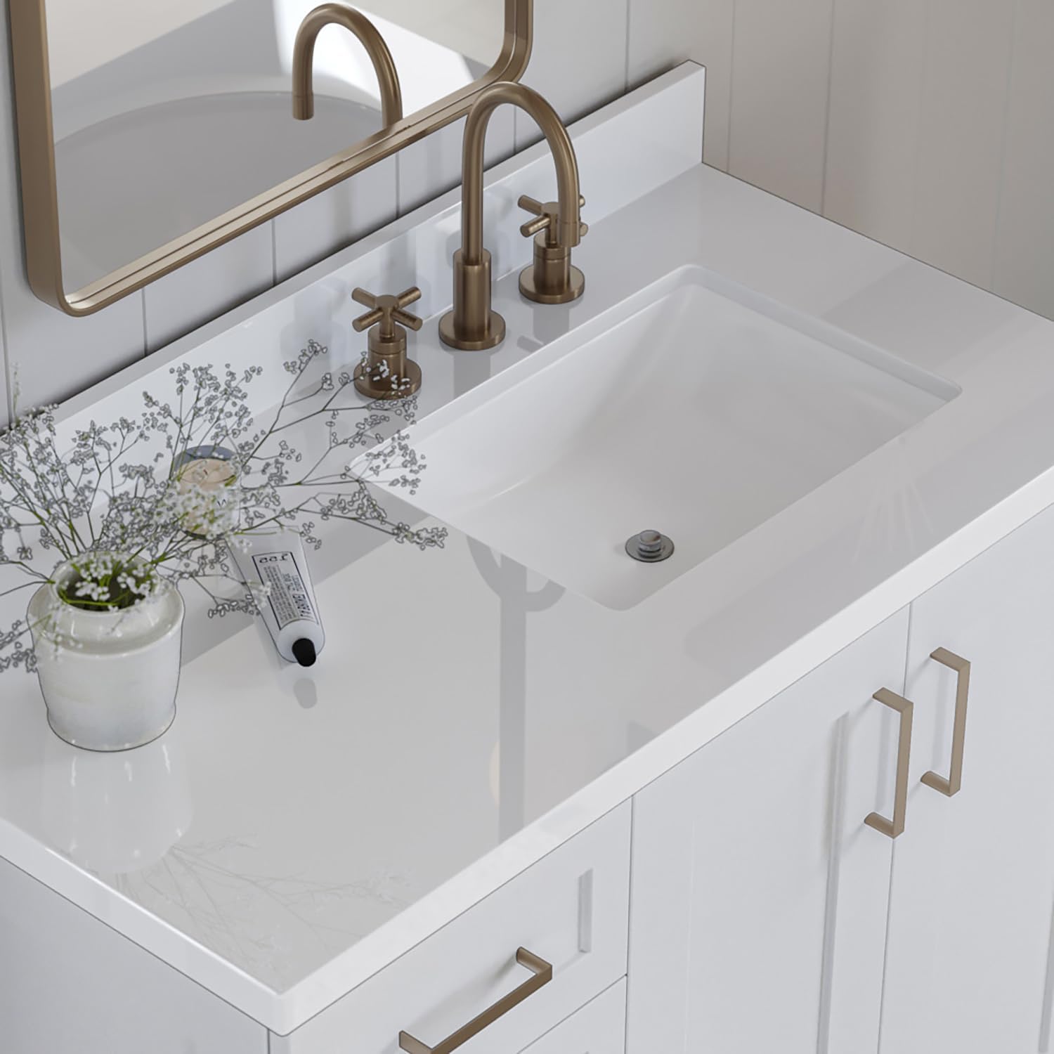 ARIEL Taylor 42-inch Bathroom Vanity with Sink,Solid Wood, 1.5-inch Pure White Quartz Countertop & Backsplash, Single Rectangular Porcelain Sink, 2 Soft Closing Doors, 5 Dovetail Drawers, White