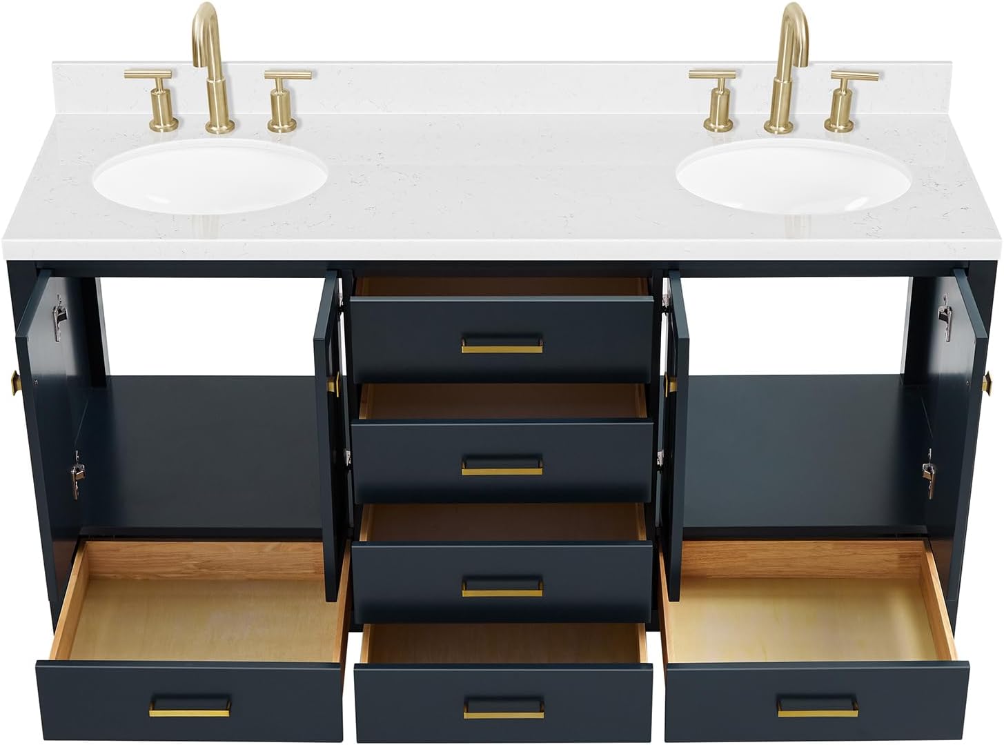 ARIEL Cambridge 66-inch Bathroom Vanity with Sink,Solid Wood, 1.5-inch Carrara White Quartz Countertop, Double Oval Porcelain Sink, 4 Soft Closing Doors, 6 Dovetail Drawers, Midnight Blue