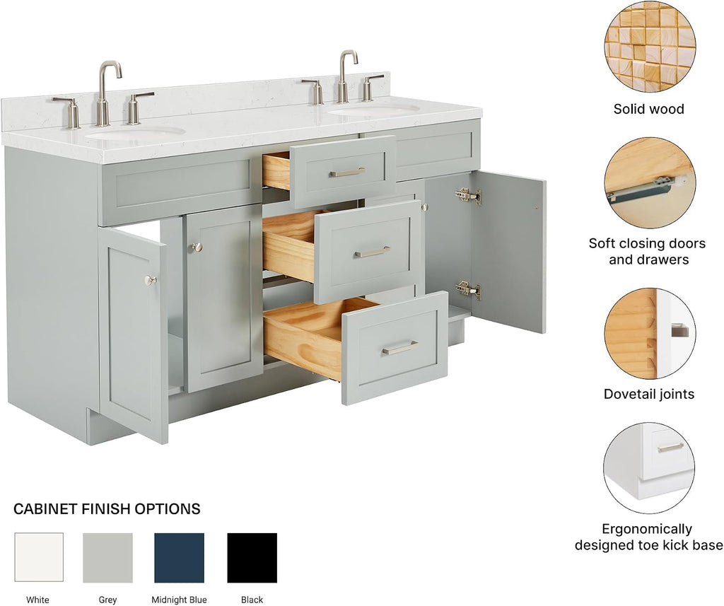 ARIEL Hamlet 66-inch Bathroom Vanity with Sink,Solid Wood, 1.5-inch Carrara White Quartz Countertop & Backsplash, Double Oval Porcelain Sink, 4 Soft Closing Doors, 3 Dovetail Drawers, Grey