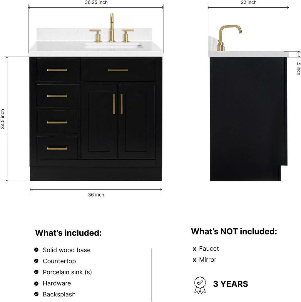 ARIEL Hepburn 36-inch Bathroom Vanity with Sink,Solid Wood, 1.5-inch Carrara White Quartz Countertop & Backsplash, Single Rectangular Porcelain Sink, 2 Soft Closing Doors, 5 Dovetail Drawers, Black