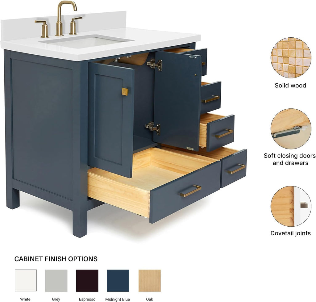 ARIEL Cambridge 36-inch Bathroom Vanity with Sink,Solid Wood, 1.5-inch Pure White Quartz Countertop, Single Rectangular Porcelain Sink, 2 Soft Closing Doors, 5 Dovetail Drawers, Midnight Blue