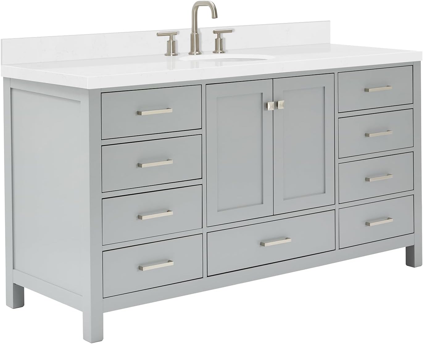 ARIEL Cambridge 66-inch Bathroom Vanity with Sink,Solid Wood, 1.5-inch Carrara White Quartz Countertop & Backsplash, Single Oval Porcelain Sink, 2 Soft Closing Doors, 9 Dovetail Drawers, Grey