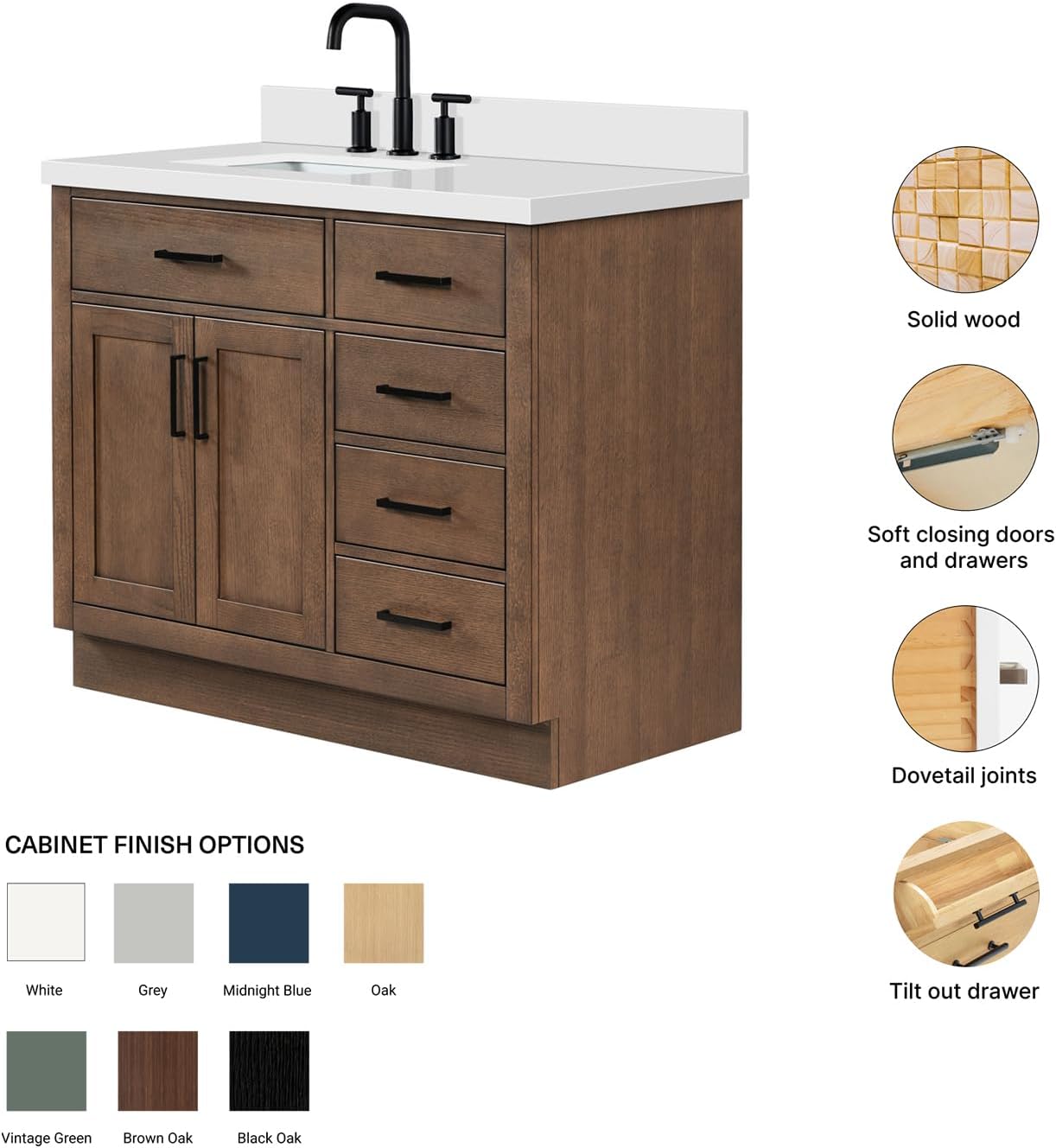 DKB Isabella 42-Inch Brown Oak Single Bathroom Vanity with Sink, 1.5-Inch Edge Pure White Quartz Countertop & 4' Backsplash, Soft-Closing Doors & Drawers, Solid Oak Wood Construction