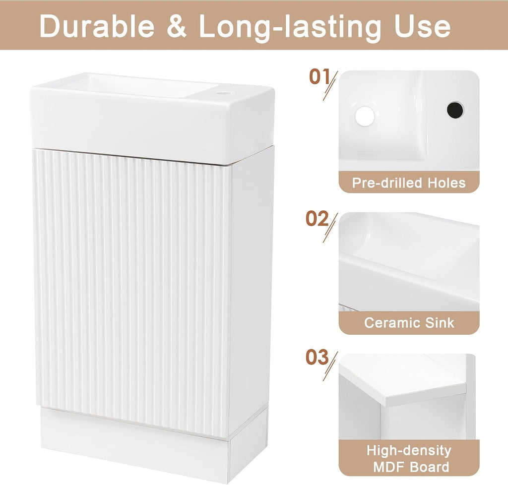 18.6' Bathroom Vanity Cabinet with Ceramic Sink Top Set, Left or Right Available, Freestanding, Two-Tier Storage Shelf, White