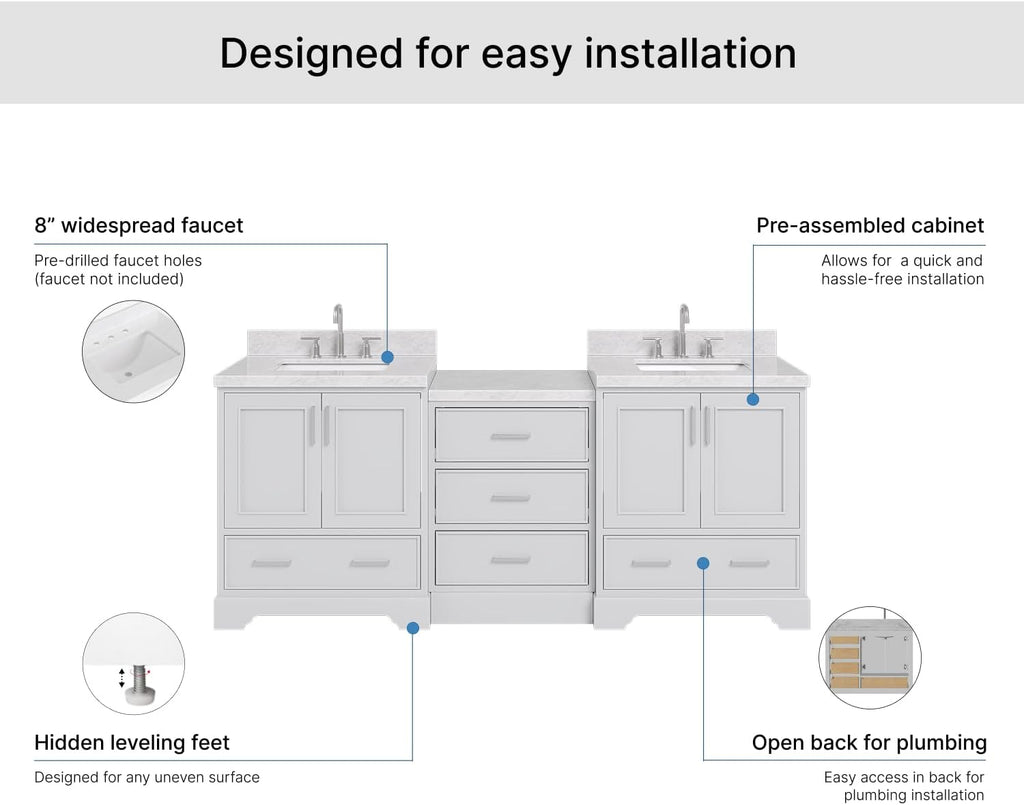 ARIEL Stafford 84-inch Bathroom Vanity with Sink,Solid Wood, 1.5in Italian Carrara Marble Countertop & Backsplash, Double Rectangular Porcelain Sink, 4 Soft Closing Doors, 5 Dovetail Drawers, Grey