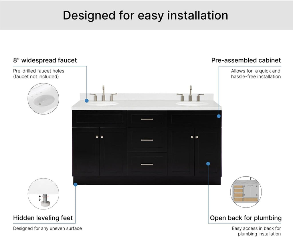 ARIEL Hamlet 66-inch Bathroom Vanity with Sink,Solid Wood, 1.5-inch Carrara White Quartz Countertop & Backsplash, Double Oval Porcelain Sink, 4 Soft Closing Doors, 3 Dovetail Drawers, Black