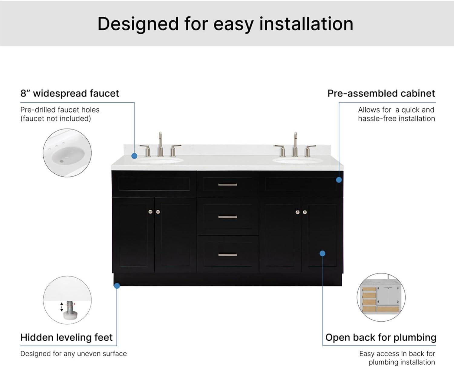 ARIEL Hamlet 66-inch Bathroom Vanity with Sink,Solid Wood, 1.5-inch Carrara White Quartz Countertop & Backsplash, Double Oval Porcelain Sink, 4 Soft Closing Doors, 3 Dovetail Drawers, Black