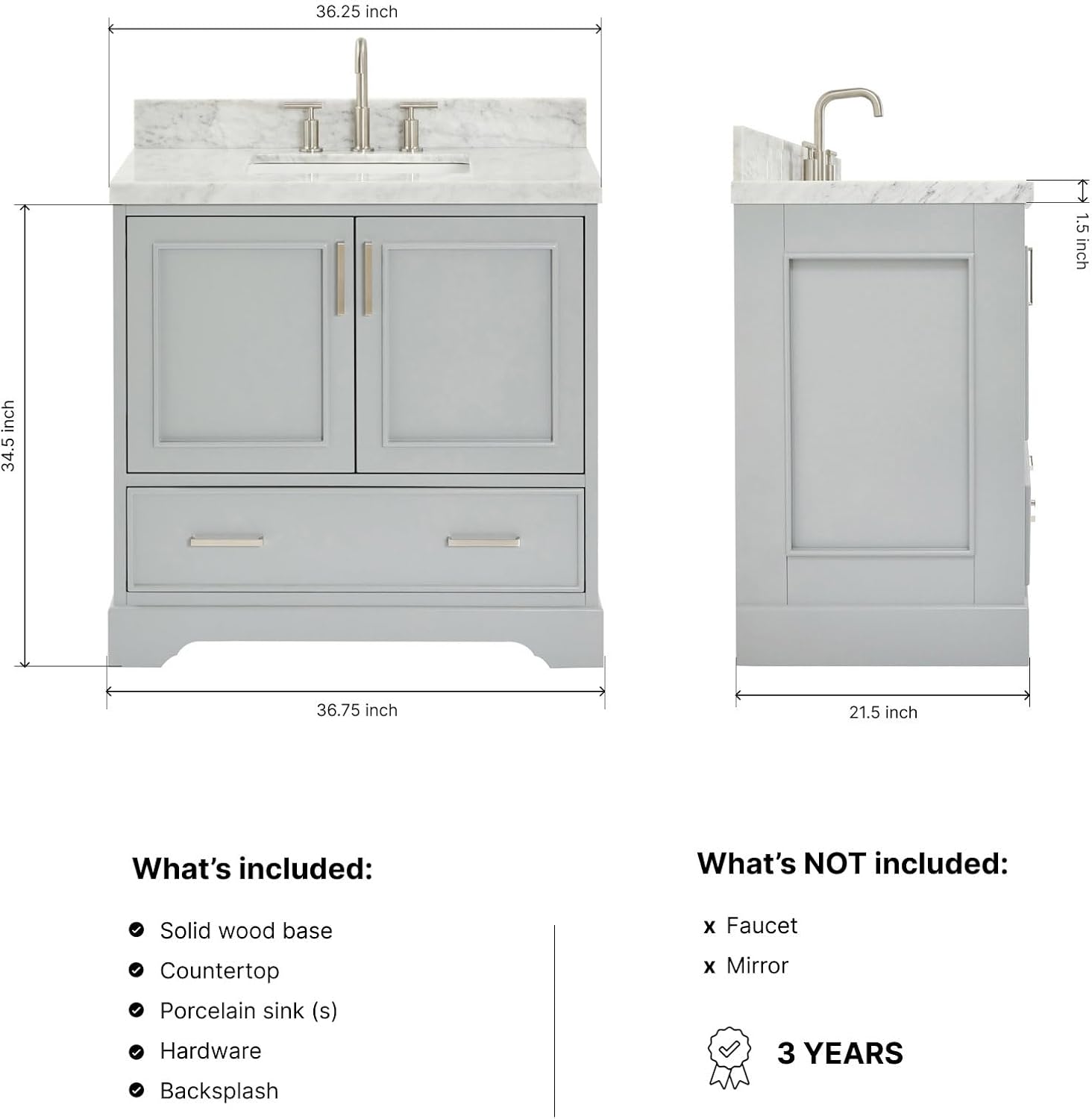 ARIEL Stafford 36-inch Bathroom Vanity with Sink,Solid Wood, 1.5-inch Italian Carrara Marble Countertop, Single Rectangular Porcelain Sink, Soft Closing Doors, Dovetail Drawers, Grey