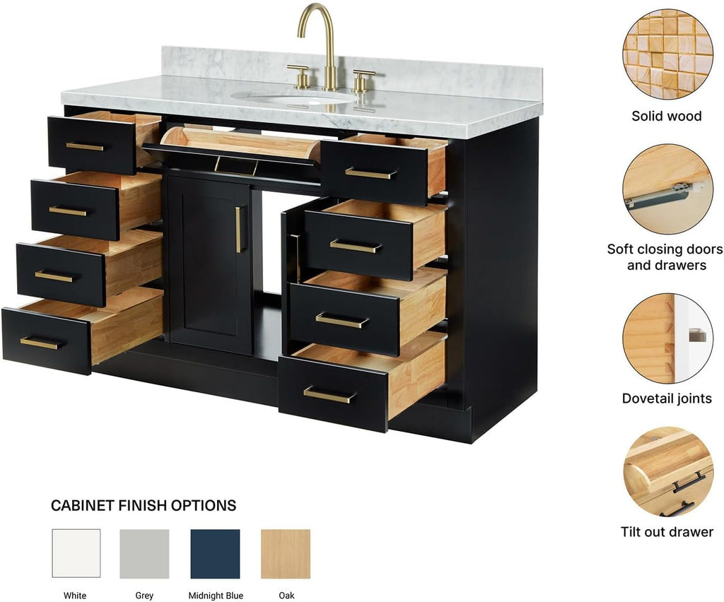 ARIEL Hepburn 54-inch Bathroom Vanity with Sink,Solid Wood, 1.5-inch Italian Carrara Marble Countertop & Backsplash, Single Oval Porcelain Sink, 2 Soft Closing Doors, 9 Dovetail Drawers, Black