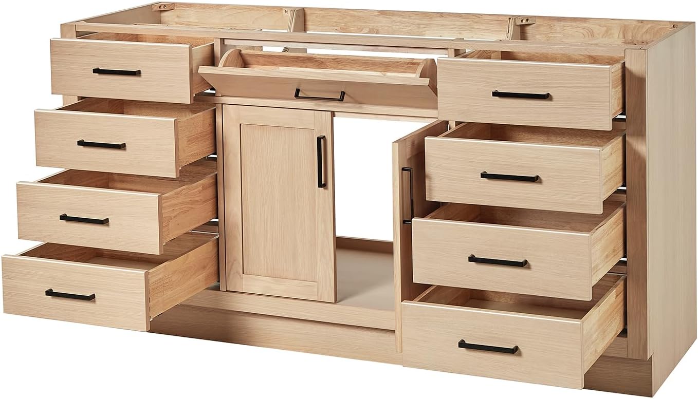 ARIEL Hepburn 60-inch Bathroom Vanity with Sink,Solid Wood, 1.5-inch Carbon Black Quartz Countertop, Single Rectangular Porcelain Sink, Soft Closing Doors, Dovetail Drawers, Oak