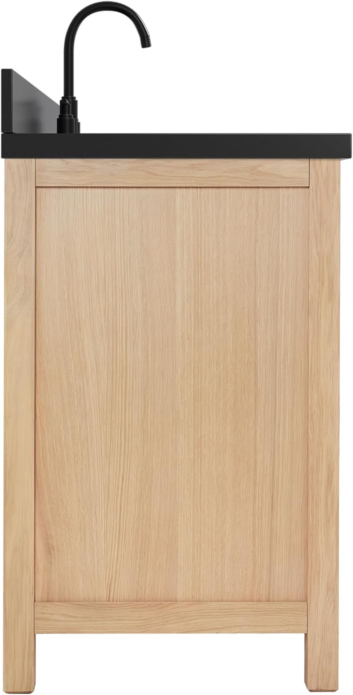 ARIEL Cambridge 42-inch Bathroom Vanity with Sink,Solid Wood, 1.5-inch Carbon Black Quartz Countertop, Single Rectangular Porcelain Sink, Soft Closing Doors, Dovetail Drawers, Oak