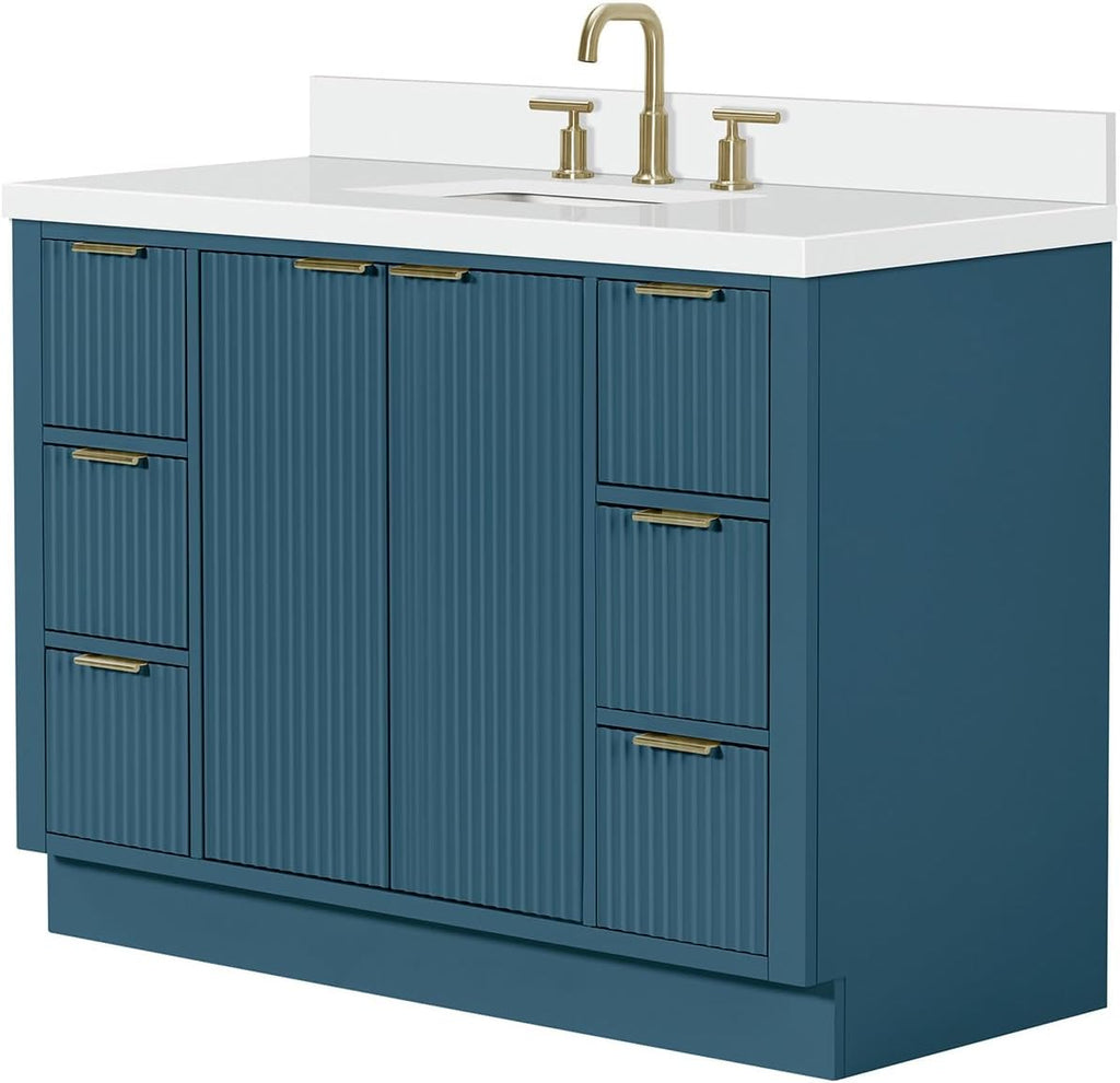 ARIEL Milan 48-inch Bathroom Vanity with Sink,Solid Wood, 1.5-inch Pure White Quartz Countertop, Single Rectangular Porcelain Sink, Soft Closing Doors, Dovetail Drawers, Vintage Blue