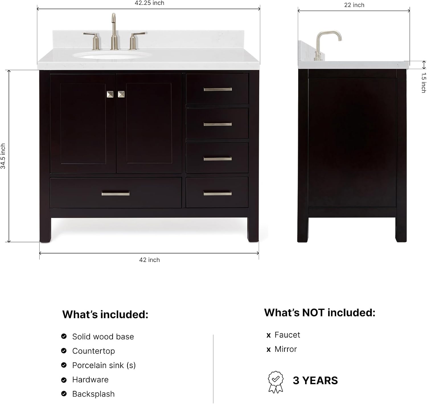 DKB Beckford 42-Inch Espresso Bathroom Vanity, Single Left Oval Undermount Sink, 1.5-Inch Carrara White Quartz Countertop & Backsplash, 2 Soft Closing Doors, 5 Dovetail Drawers, Solid Wood Frame