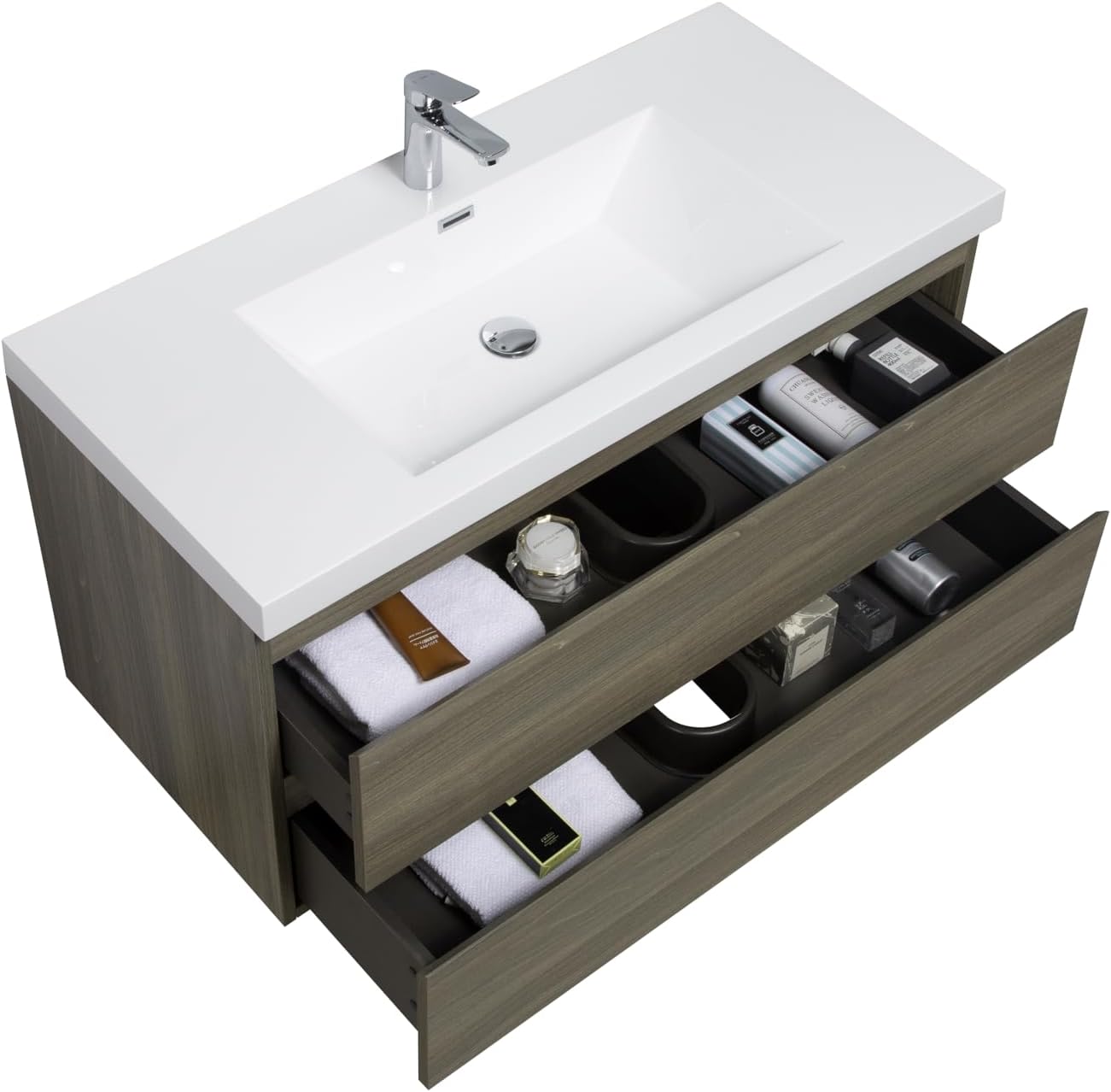 Neftis 42-Inch Floating Vanity with Sink, Pre-Assembled Modern Bathroom Vanity Sink Combo with Storage, Soft-Closing Drawers, One-piece Countertop White Resin Sink, Ash Grey Vanity for Bathroom