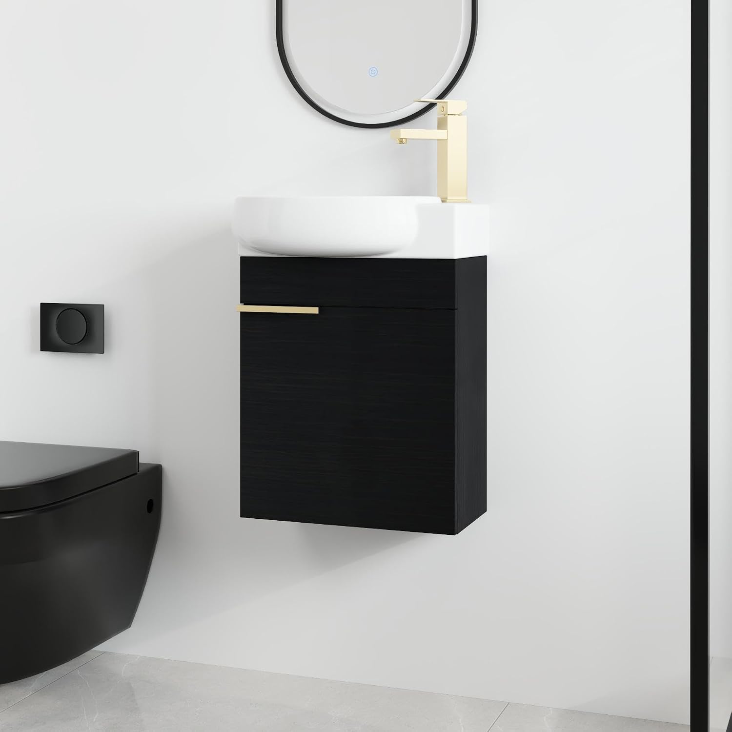 Malwee 16 Inch Floating Bathroom Vanity with Sink, 16'' Wall Mounted Single Sink Bathroom Vanity Combo, Modern Black Cabinet Set with 1 Soft Close Door and Ceramics Basin Top,MAF02916-BCT