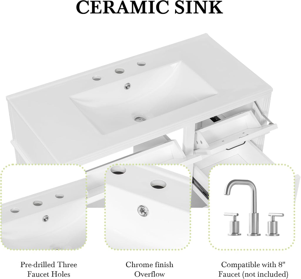 36' Bathroom Vanities Cabinet with Ceramic Sink Top, Tip-Out Drawers and Door Shelf, Soft-Closing Door, Solid Wood Legs, White