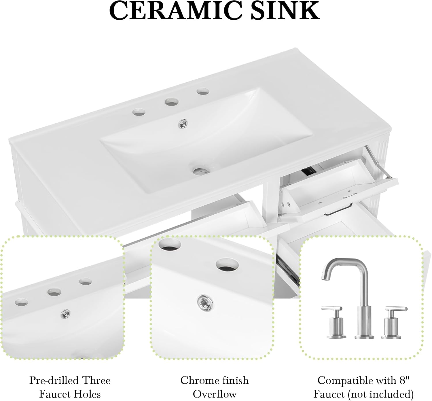 36' Bathroom Vanities Cabinet with Ceramic Sink Top, Tip-Out Drawers and Door Shelf, Soft-Closing Door, Solid Wood Legs, White