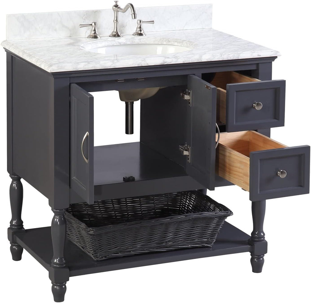Kitchen Bath Collection Beverly 36-inch Bathroom Vanity (Marine Gray/Carrara): Includes Marine Gray Cabinet with Authentic Italian Carrara Marble Countertop and White Ceramic Sink
