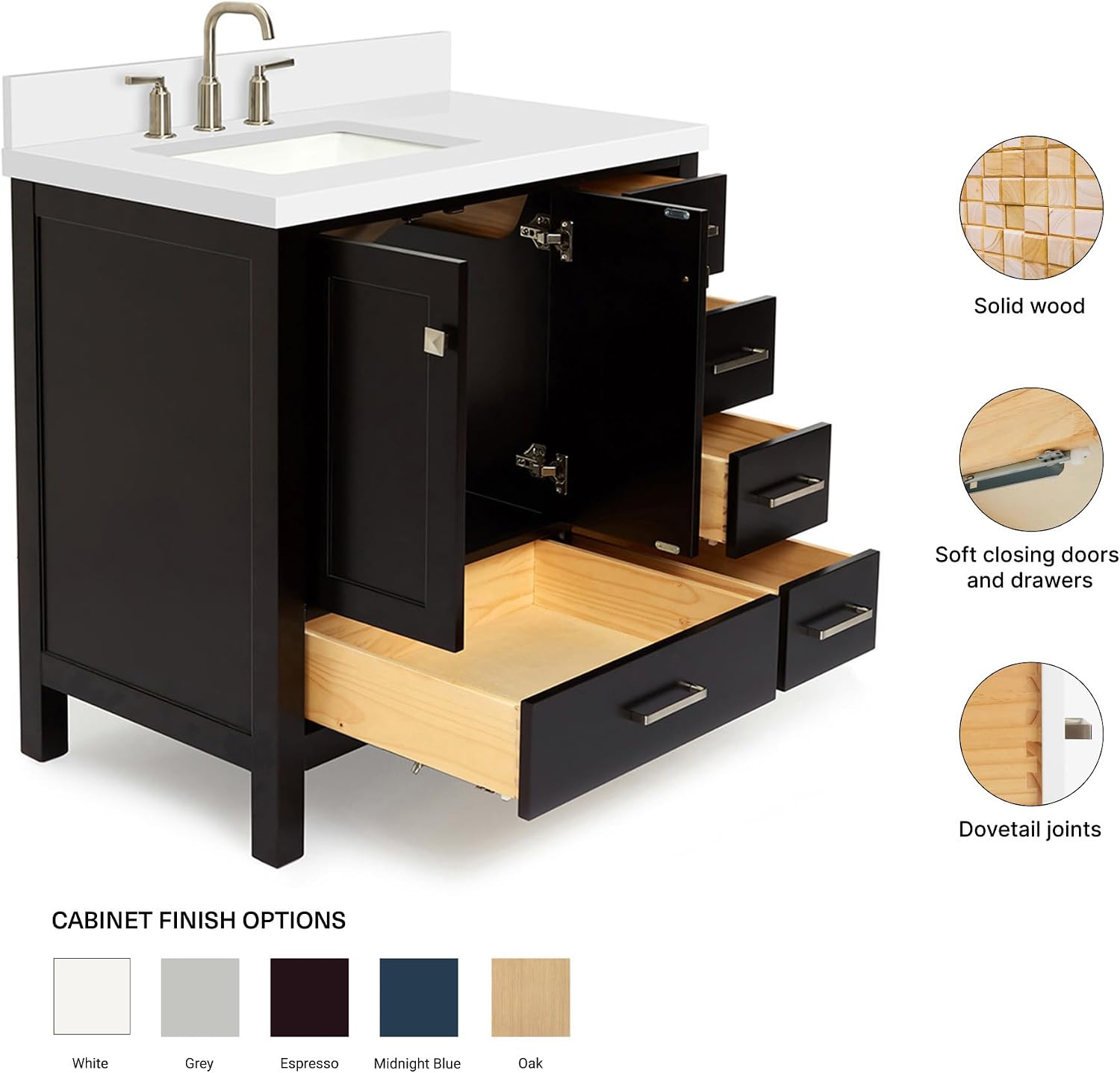 ARIEL Cambridge 36-inch Bathroom Vanity with Sink,Solid Wood, 1.5-inch Pure White Quartz Countertop, Single Rectangular Porcelain Sink, 2 Soft Closing Doors, 5 Dovetail Drawers, Espresso