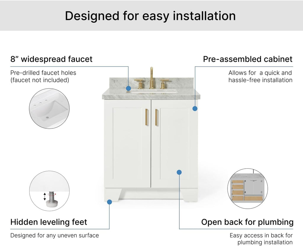 ARIEL Taylor 30-inch Bathroom Vanity with Sink,Solid Wood, 1.5-inch Italian Carrara Marble Countertop, Single Rectangular Porcelain Sink, 2 Soft Closing Doors, 1 Dovetail Drawers, White