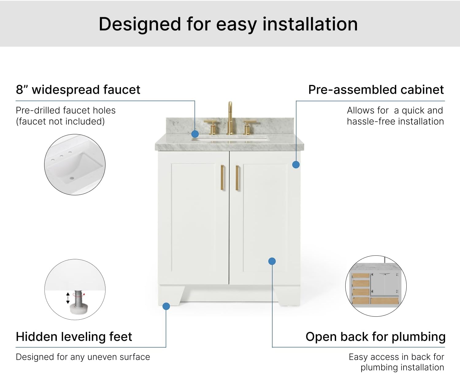 ARIEL Taylor 30-inch Bathroom Vanity with Sink,Solid Wood, 1.5-inch Italian Carrara Marble Countertop, Single Rectangular Porcelain Sink, 2 Soft Closing Doors, 1 Dovetail Drawers, White