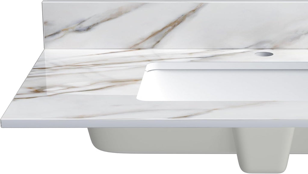 43 Inch Marble Vanity Top with Sink, Sintered Stone Vanity Sink Top with Undermount Ceramic Sink & Backsplash, Single Hole Countertops for Bathroom (Belly Golden)