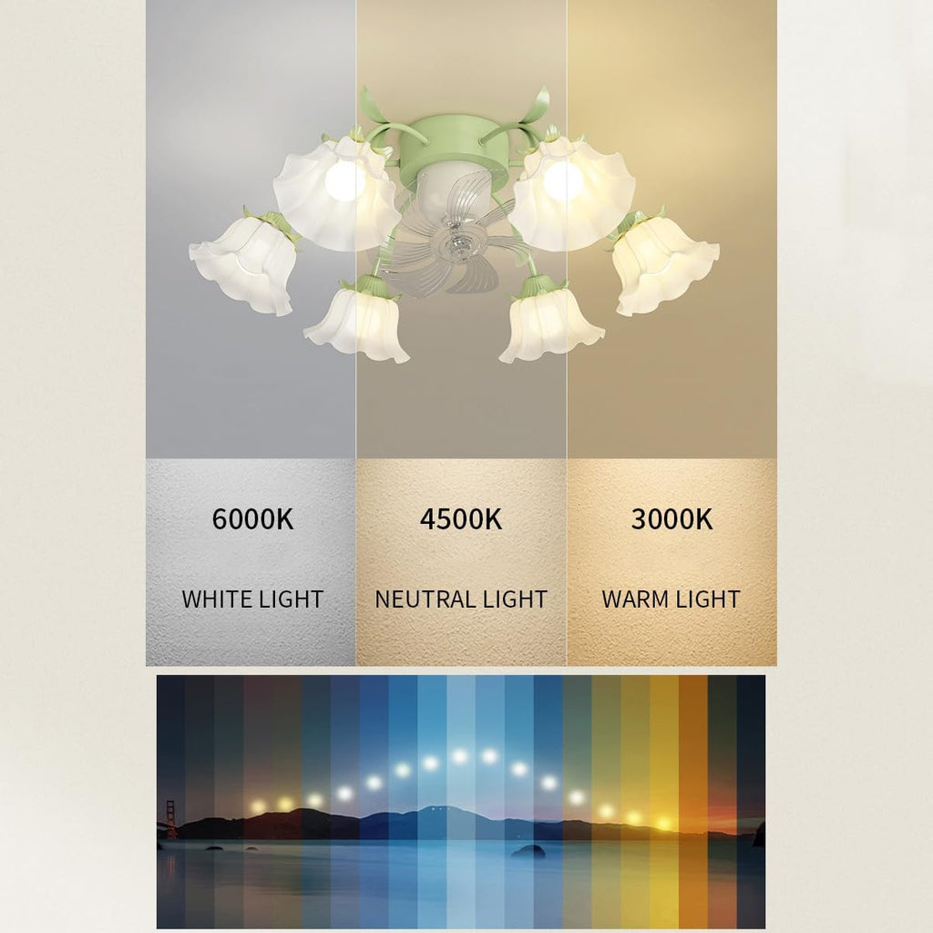 6 Light Flower Ceiling Fan with Lights Remote Control Reversible Fan 360° Oscillating Ceiling Fan Light Milk Glass Modern Fan Light Girls Ceiling Fan Light for Bedroom Living Room Dining Room