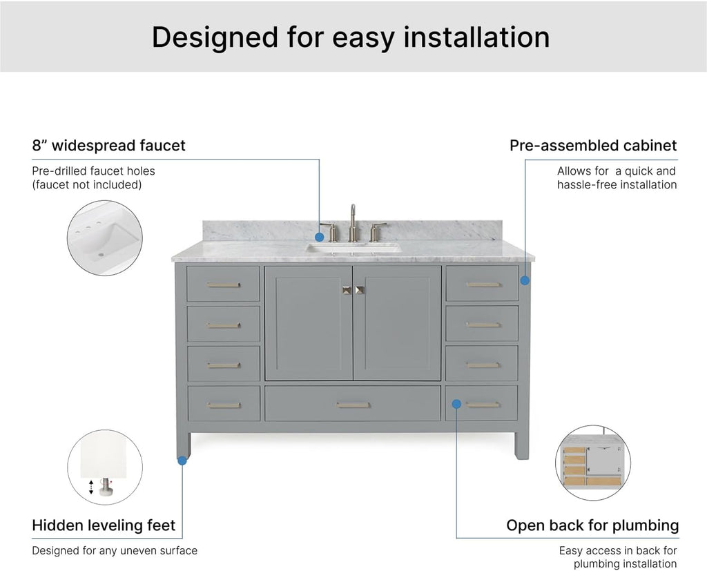 ARIEL Cambridge 60-inch Bathroom Vanity with Sink,Solid Wood, 0.75-inch Italian Carrara Marble Countertop, Single Rectangular Porcelain Sink, 2 Soft Closing Doors, 9 Dovetail Drawers, Grey