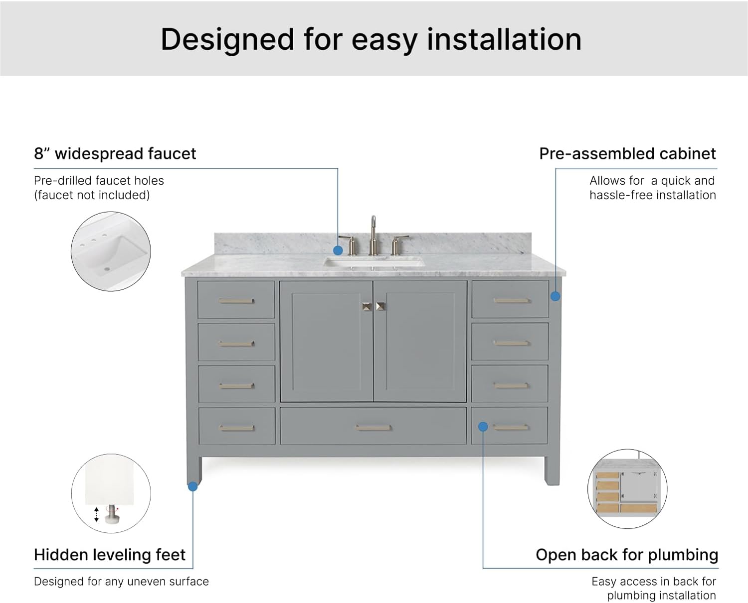 ARIEL Cambridge 60-inch Bathroom Vanity with Sink,Solid Wood, 0.75-inch Italian Carrara Marble Countertop, Single Rectangular Porcelain Sink, 2 Soft Closing Doors, 9 Dovetail Drawers, Grey