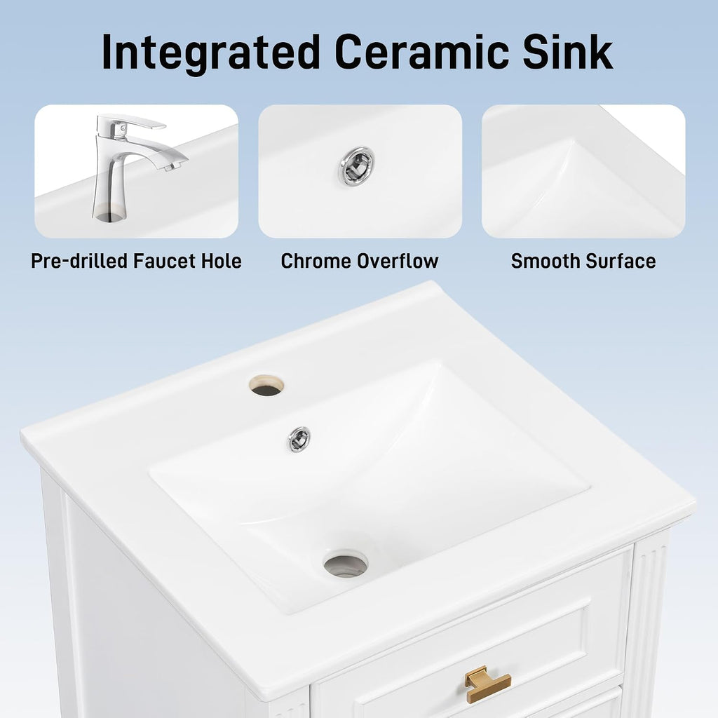 20'' Bathroom Vanity with Sink, Freestanding Storage Cabinet with Tilt-Out Drawer, Adjustable Shelf and Solid Wood Legs for Small Bathroom (White-4.10)