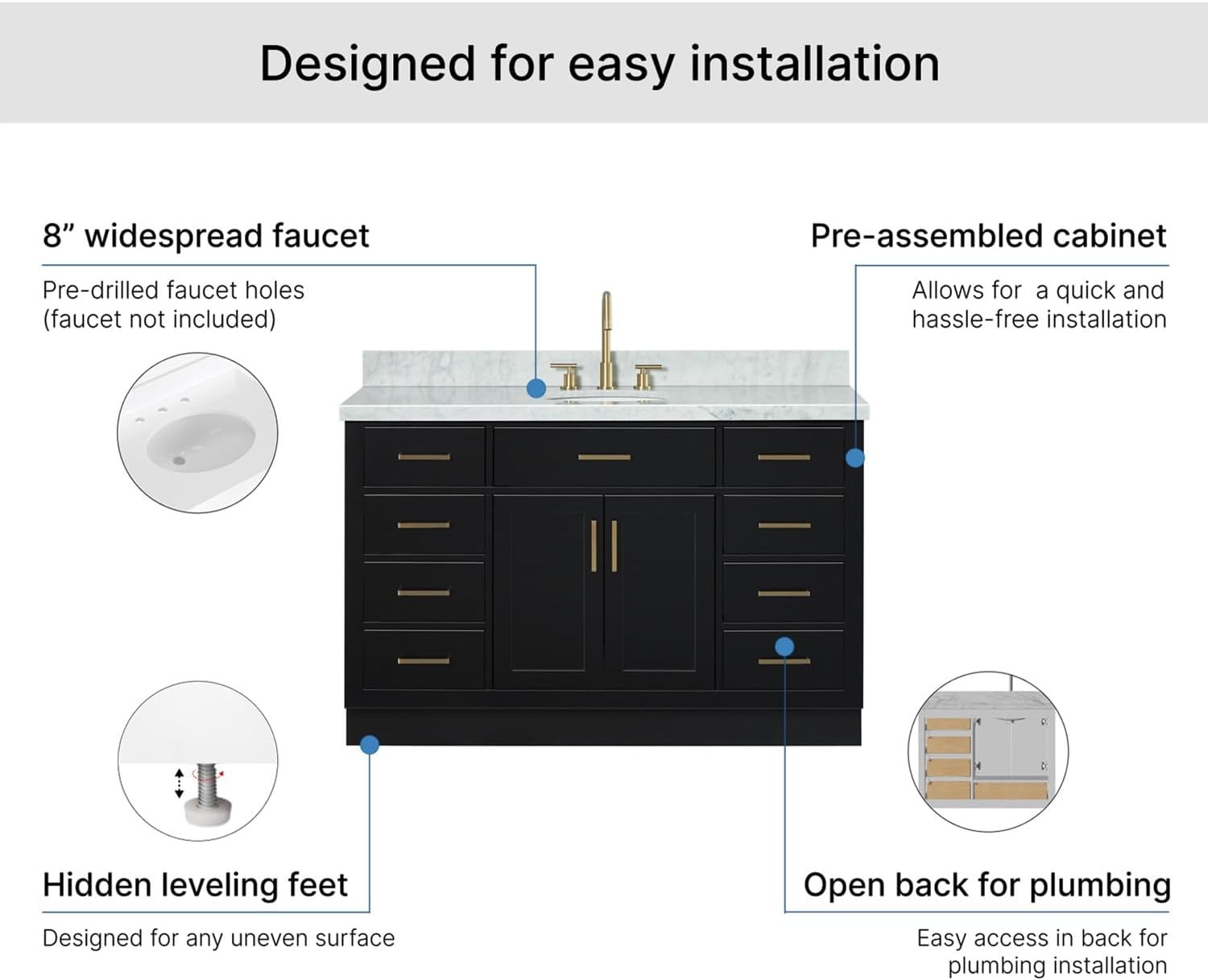 ARIEL Hepburn 54-inch Bathroom Vanity with Sink,Solid Wood, 1.5-inch Italian Carrara Marble Countertop & Backsplash, Single Oval Porcelain Sink, 2 Soft Closing Doors, 9 Dovetail Drawers, Black
