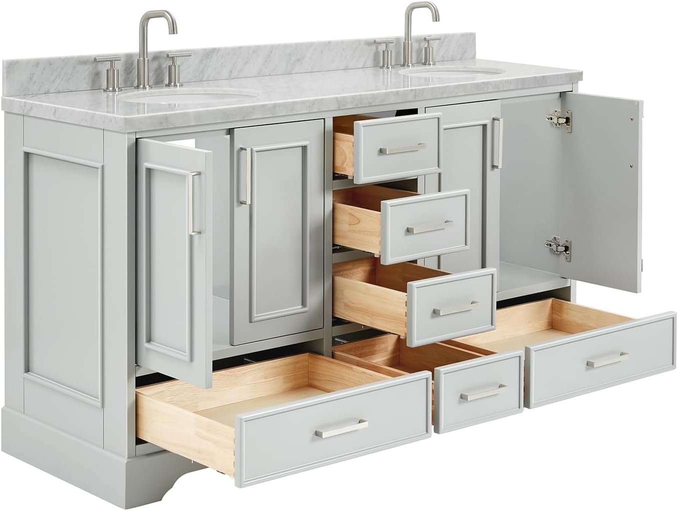 ARIEL Stafford 60-inch Bathroom Vanity with Sink,Solid Wood, 1.5-inch Italian Carrara Marble Countertop & Backsplash, Double Oval Porcelain Sink, 4 Soft Closing Doors, 6 Dovetail Drawers, Grey